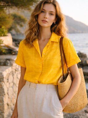 100% Linen Blouse Women L Yellow Windowpane Plaid Mother of Pearl Buttons